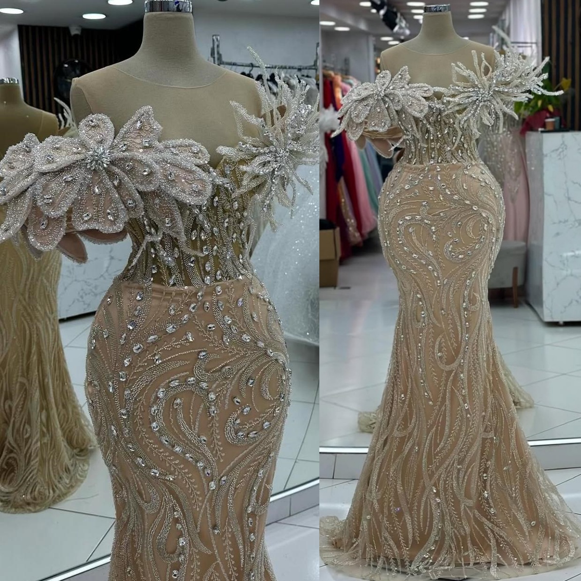 Champagne Illusion Mermaid Prom Dresses 2024 Florals Rhinestones Evening Formal Party Second Birthday Engagement Gowns Plus Size Dress For Special Occ