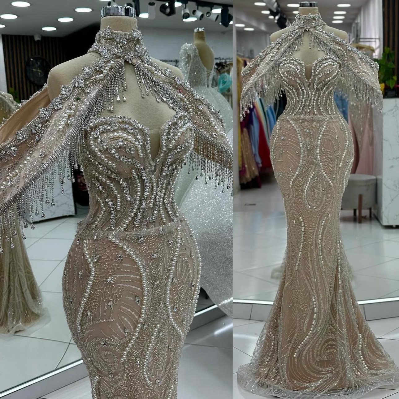 Champagne Illusion Mermaid Prom Dresses 2024 Pearls Crystals Sequined Evening Formal Party Second Birthday Engagement Gowns Plus Size Dress For Specia