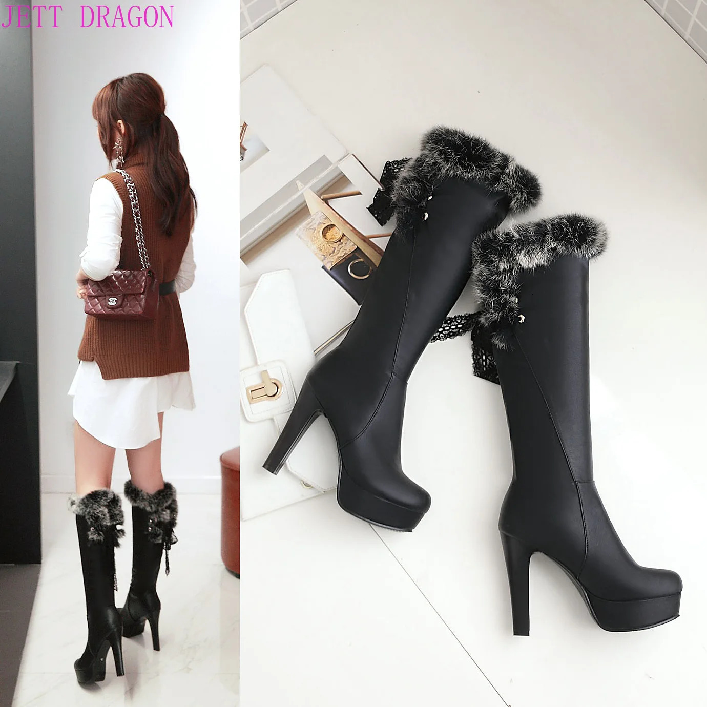 Fashion Fur Knee High Boots Womens Round Toe Winter Boots High Heel Long Boot Keep Warm Shoes Women Stilettos Bottes White 241202