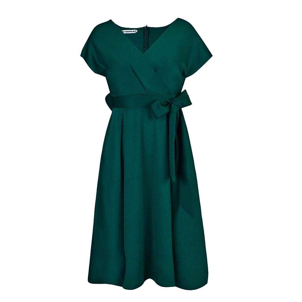 Summer V-neck solid color waistband bow tie large hem formal dress
