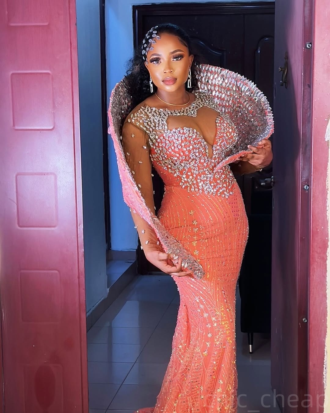 Peach Mermaid Prom Dresses 2024 Rhinestones Full Sleeves Sequined Evening Formal Party Second Birthday Engagement Gowns Plus Size Dress For Special Oc