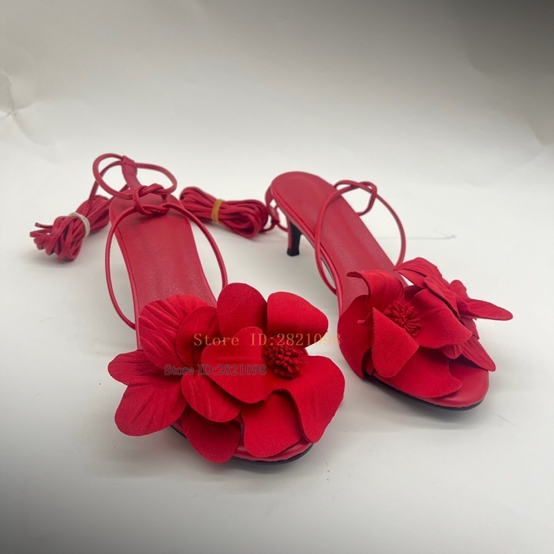 Hot Pure Red Wers Thin Heeled High Heel Sandals Women Round Toe Lace Up Tassel Summer Party Shoes