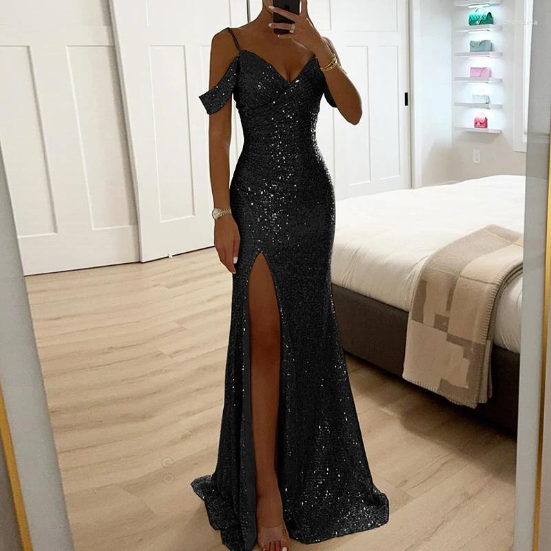 Casual Dresses Fashion Banquet Sequins Off Shoulder Evening Sexy Suspender Slim Side Split Elegant Ladies Temperament Prom Gown