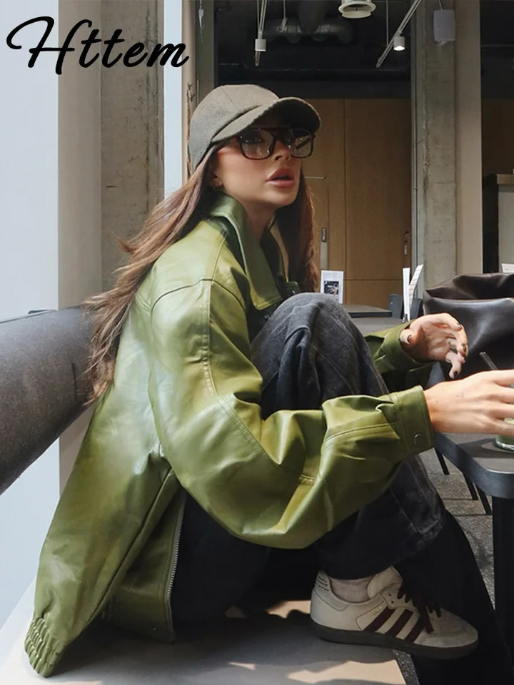 Green PU Leather Womens Jacket Loose Lapel Full Sleeves Button Female Overcoat 2024 Autumn Winter Solid Street Lady Outwear 241202