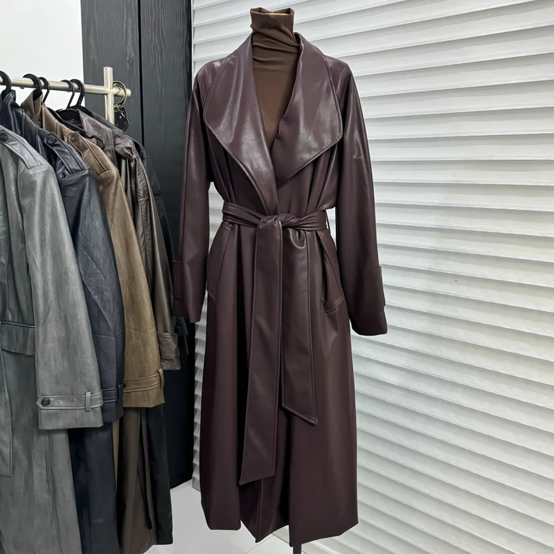 Women PU Leather Windbreaker Lapel Solid Color Belt Mid Length Trench Coat Vintage Cool Streetwear Clothes 241202