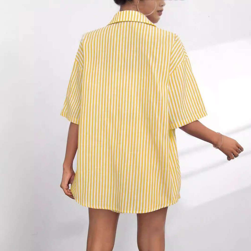 Fashion suit women's 2024 summer collar casual striped short sleeved pants, two pieces