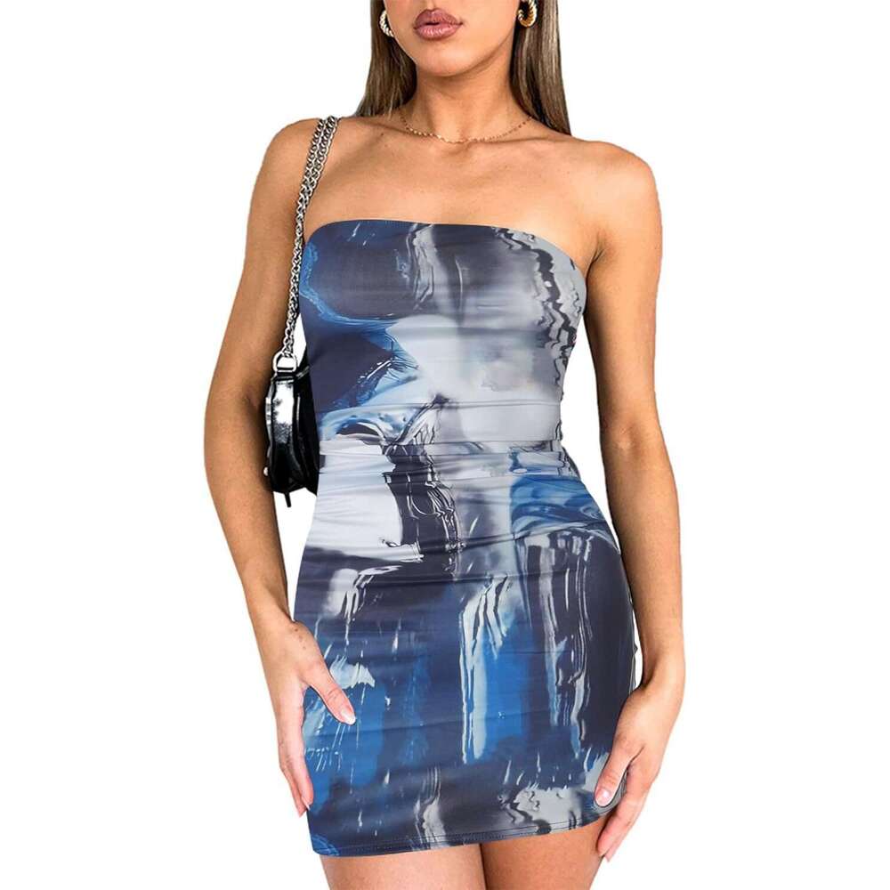2024 women's spring fashion trend strapless printed pleated head cover, hip wrap, and short dress