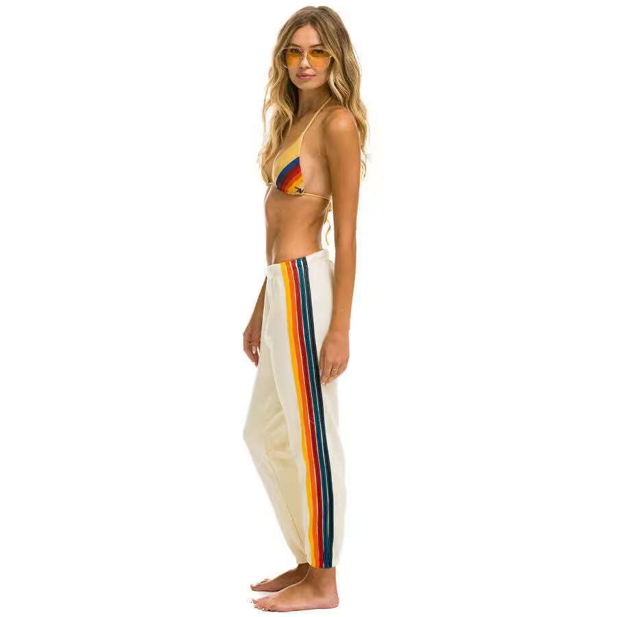 European American Spring Autumn Rainbow Strip Women's Health Sports and Leisure Knitted Pants 2024 New Casual Versatile Fashion Clothing