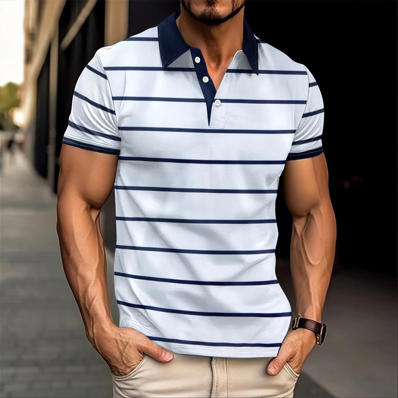 Summer Fashion Mens Polo Shirt Flip Collar Button Striped Mens Short Sleeve Office Casual Comfortable Mens Clothing 241203