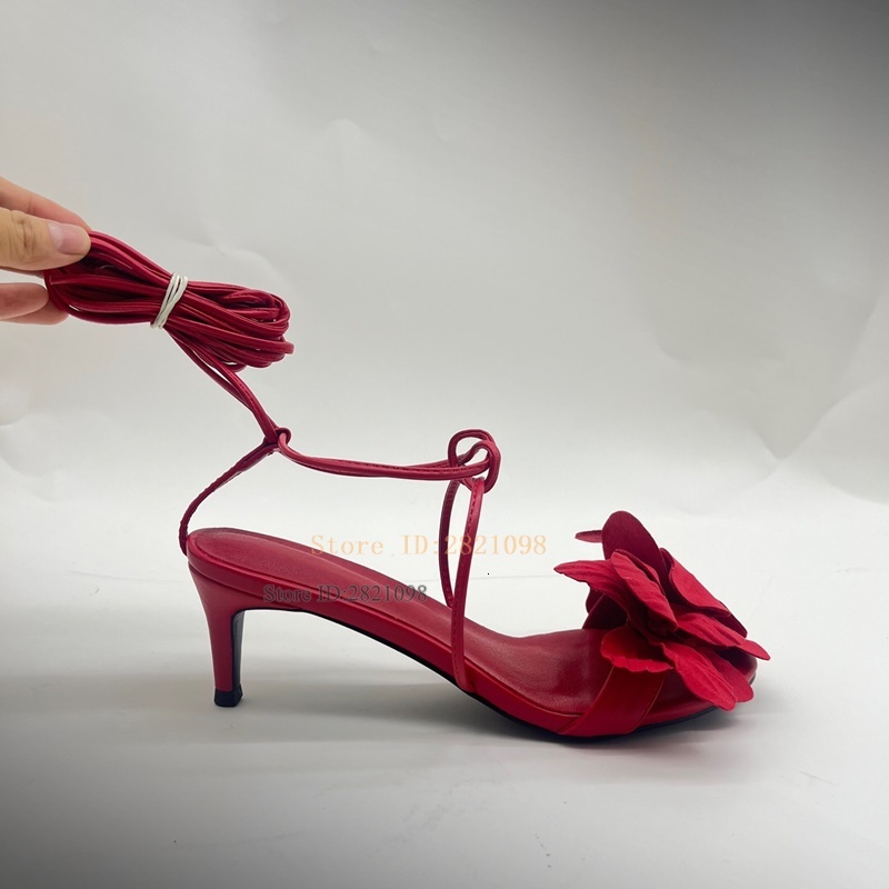 Hot Pure Red Wers Thin Heeled High Heel Sandals Women Round Toe Lace Up Tassel Summer Party Shoes