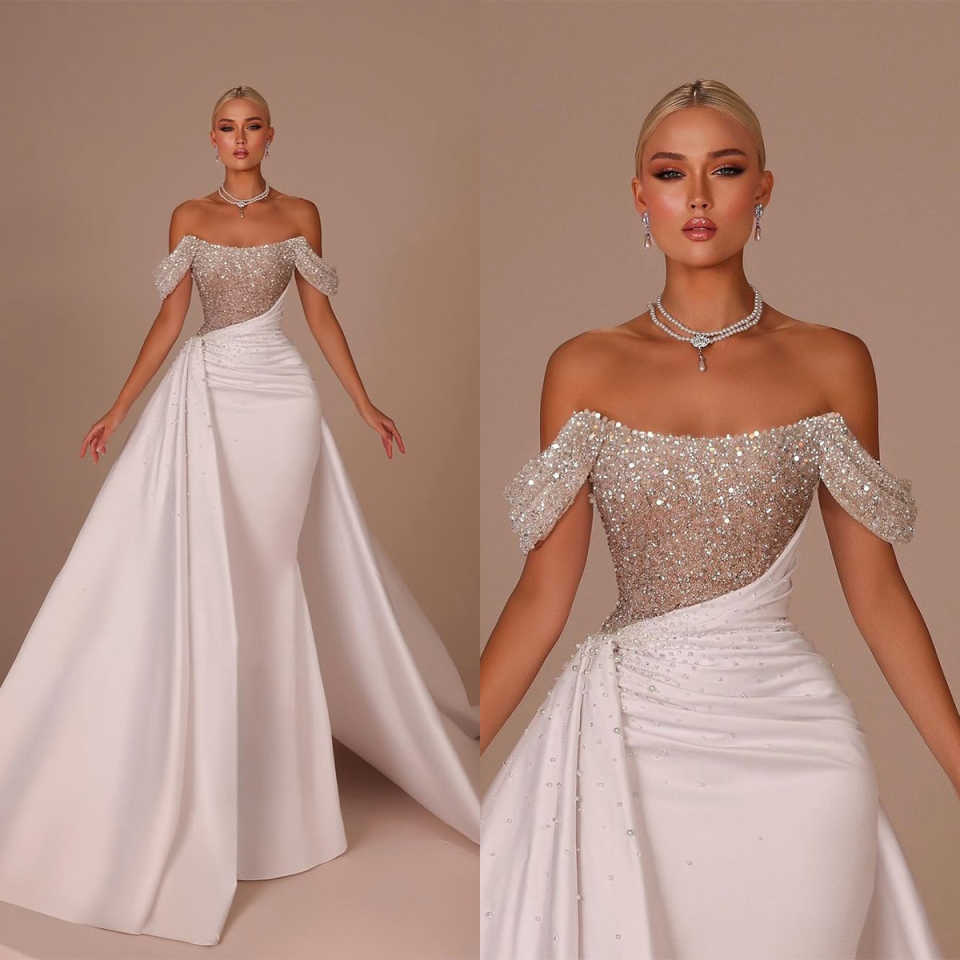 Designer Mermaid Wedding Dresses For Women Off Shoulder Sleeveless Bridal Gown Sequins Pearls Sweep Train Customized Dress vestidos de novia