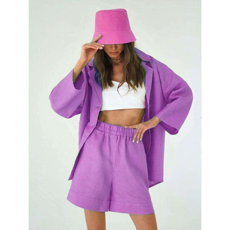 Cotton and linen shorts set, women's loose collared single breasted shirt+high waisted straight leg pants fashion set