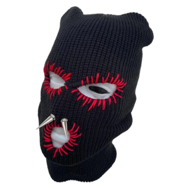 Knitted full face Balaclava hiking scarf devil horn Balaclava skiing Halloween hat 241202