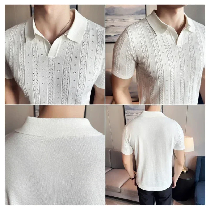 Mens polo shirt striped jacquard knitted short sleeved shirt V-neck solid color elastic top . M-3XL 241203