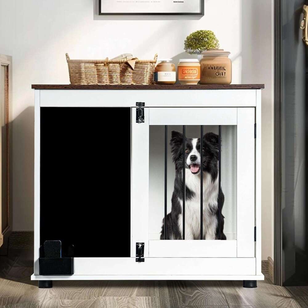 US STOCK DEJUUAN Wood with Graffiti Board Double Doors and Chewable Indoor Dog Crate for Be Used as TV Display Stand, Side Table, White