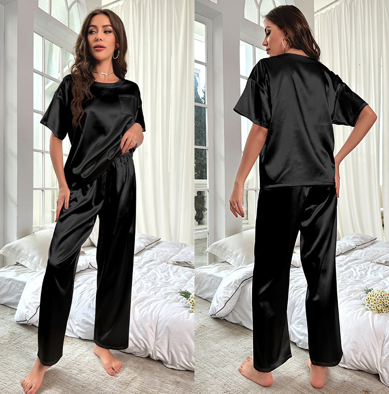 Fashion Designer Ice Silk Pajamas Women's Summer Short sleeved Pants Home Clothes Loose Casual Set 3147