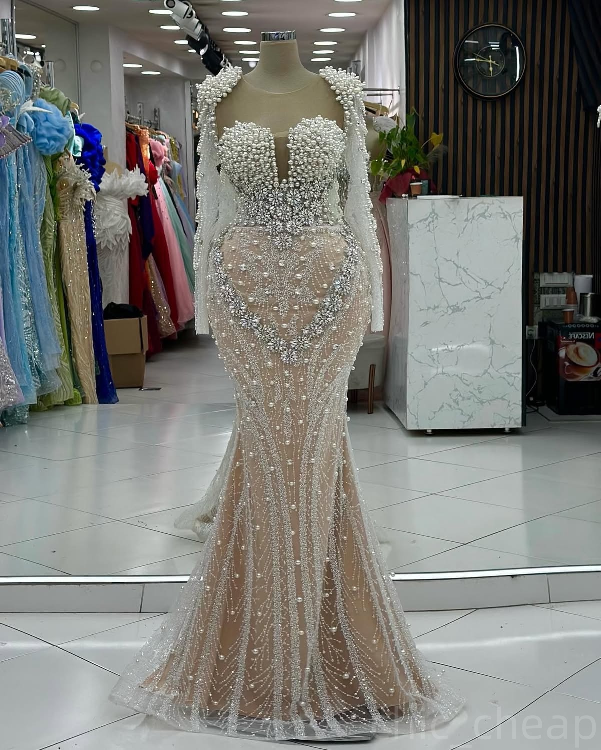 Ivory Illusion Mermaid Prom Dresses 2024 Pearls Rhinestones Evening Formal Party Second Birthday Engagement Gowns Plus Size Dress For Special Occasion