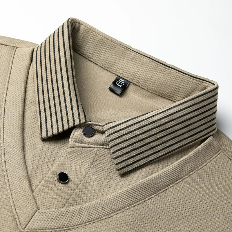 Korean style mens long sleeved T-shirt with automatic lapel business fashion casual polo shirt elastic top black gray khaki color 241203