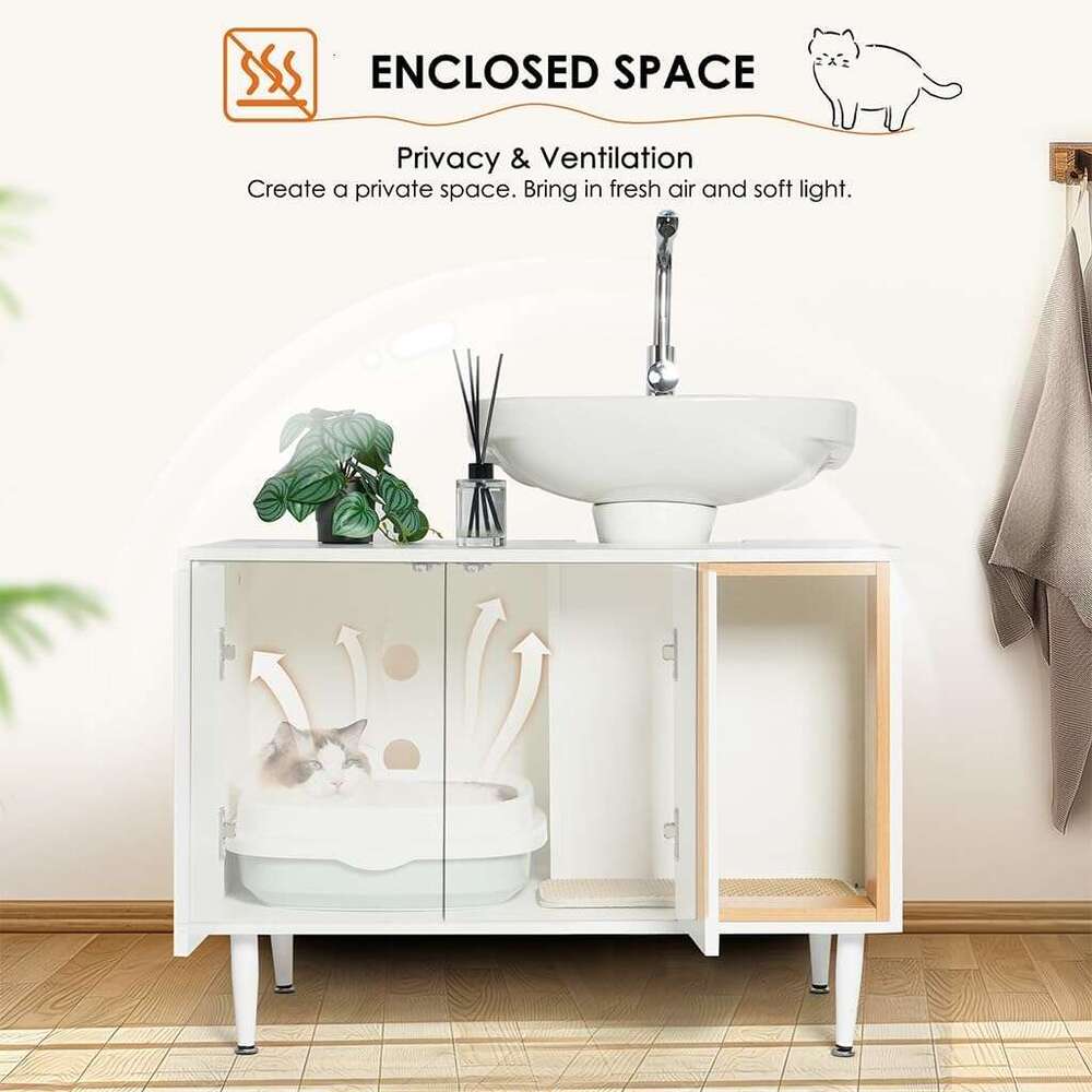 AMZOSS 2 in 1 Vanity Enclosure, Bathroom Litter Box Furniture Hidden with Double Door and Divider, Wooden Cat Washroom Furniture, Traditional Under Si
