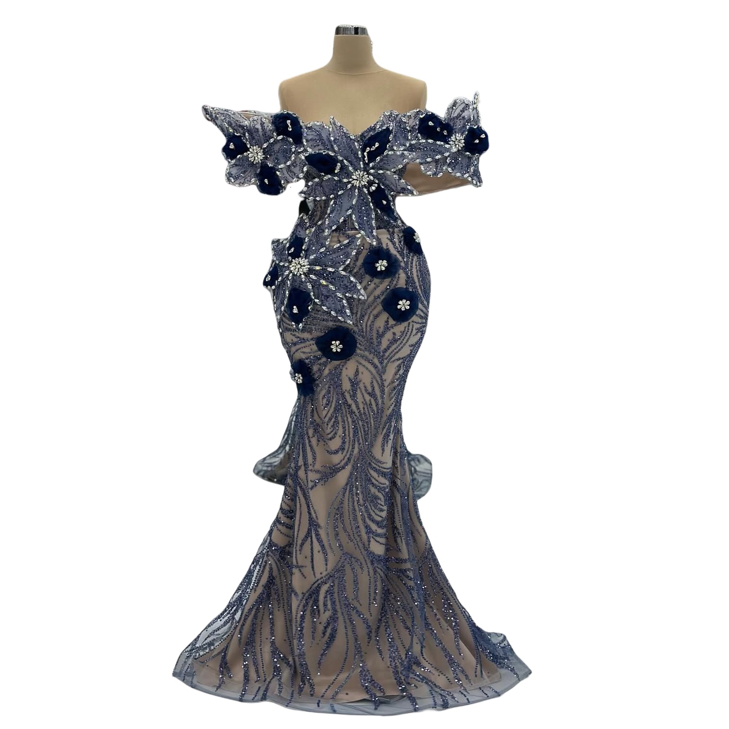 Navy Blue Illusion Mermaid Prom Dresses 2024 Flowers Crystals Sequined Evening Formal Party Second Birthday Engagement Gowns Plus Size Dress For Speci
