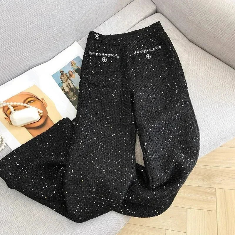 Temperament High Waist Slim Straight Wide Leg Pants Pantalones Mujer Black Tweed Cargo Sweatpants 241203 - view 7