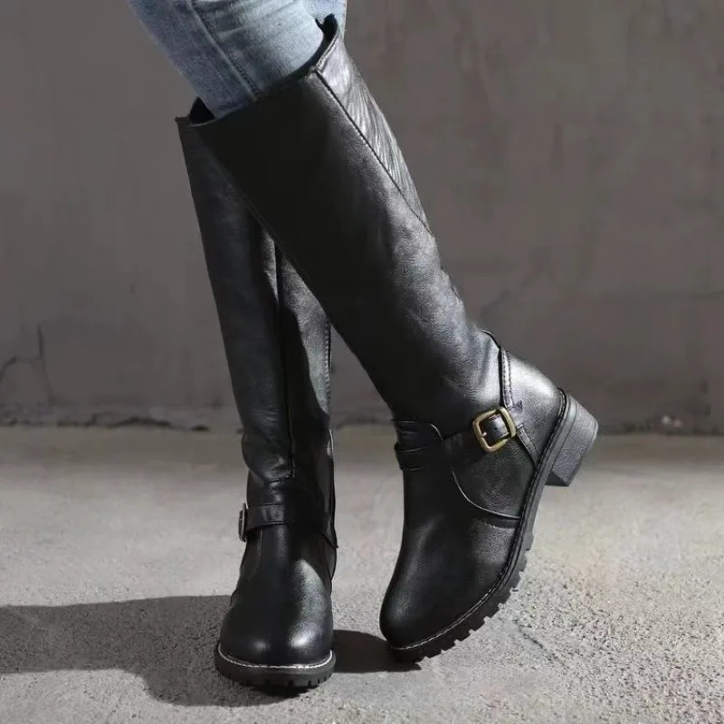 2025 PU Leather Women Long High Boots Riding Casual Buckle Zipper Autumn Platform Winter Low-heeled Black Brown Retro Shoes 241202