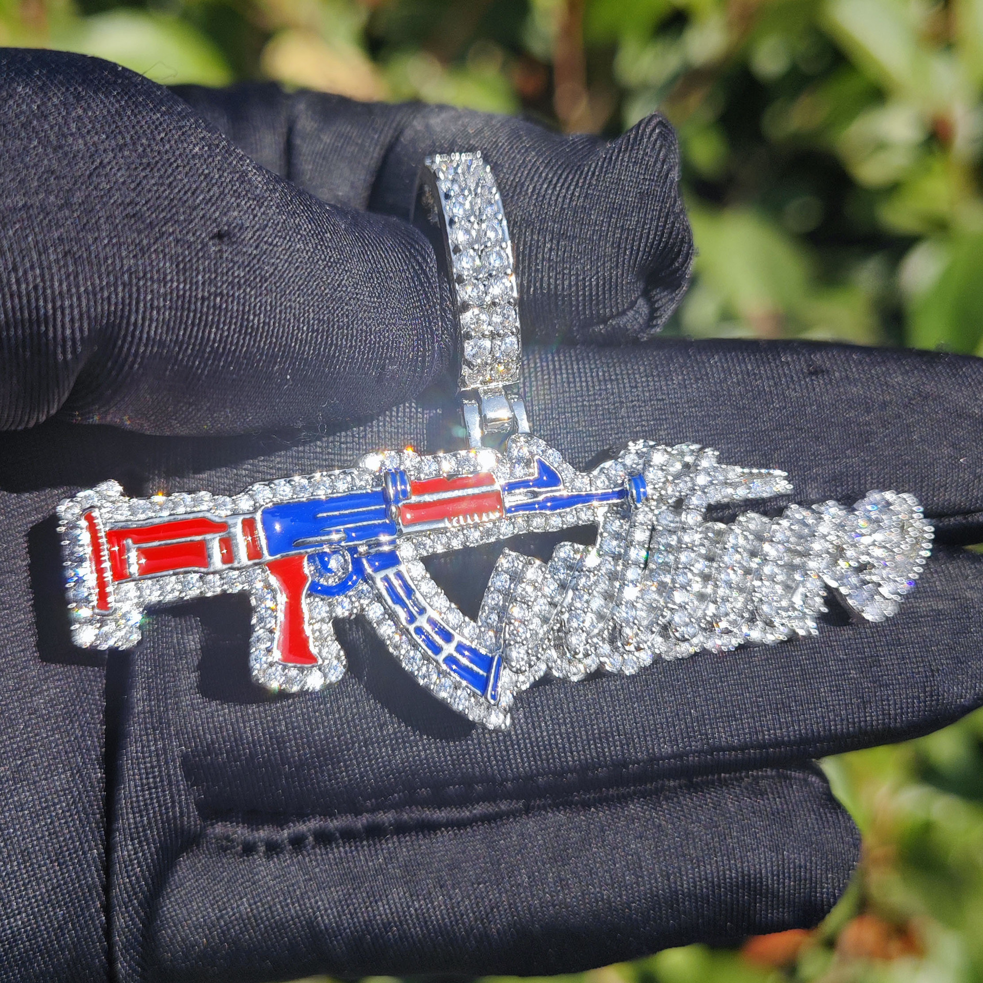 Hip Hop AK47 Gun Pendant Necklace 18K Gold Plated Colorful 5A Cubic Zirconia Rap Jewelry