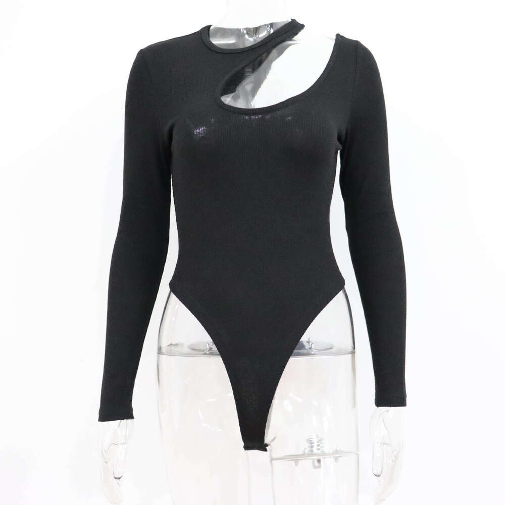 Ribbed hollow jumpsuit for women 2023 spring new long sleeved sexy top simple