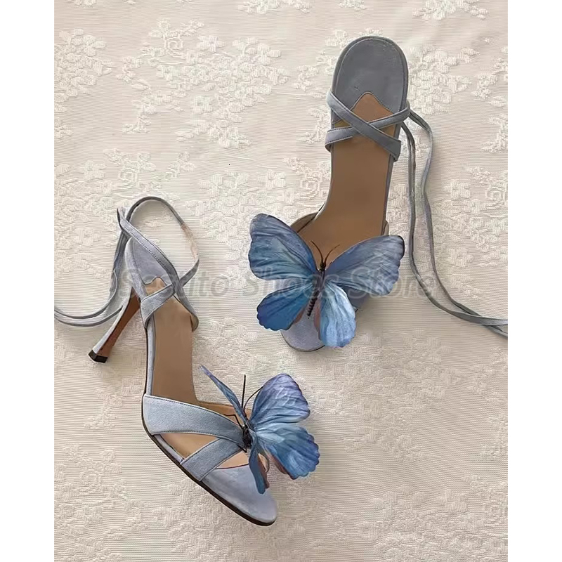 Retro Green Butterfly High Heels For Women Summer New Peep Toe Ankle Strap Sandals Elegant Ladies Lace Up Stiletto Party Shoes