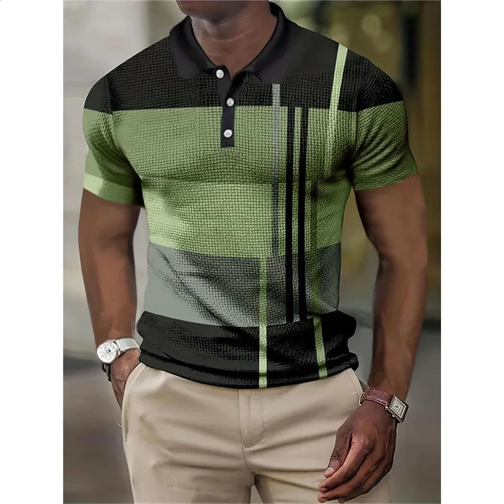 Summer Color Block Stripe 3D Printed Polo Shirt Mens Fashion Street Clothing Button Collar Short Sleeve T-shirt Top Mens Clothing 241203