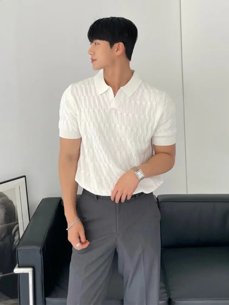 Summer high-end felt polo shirt mens casual thin half sleeved knitted top weight loss effect Korean solid color fashion 241203