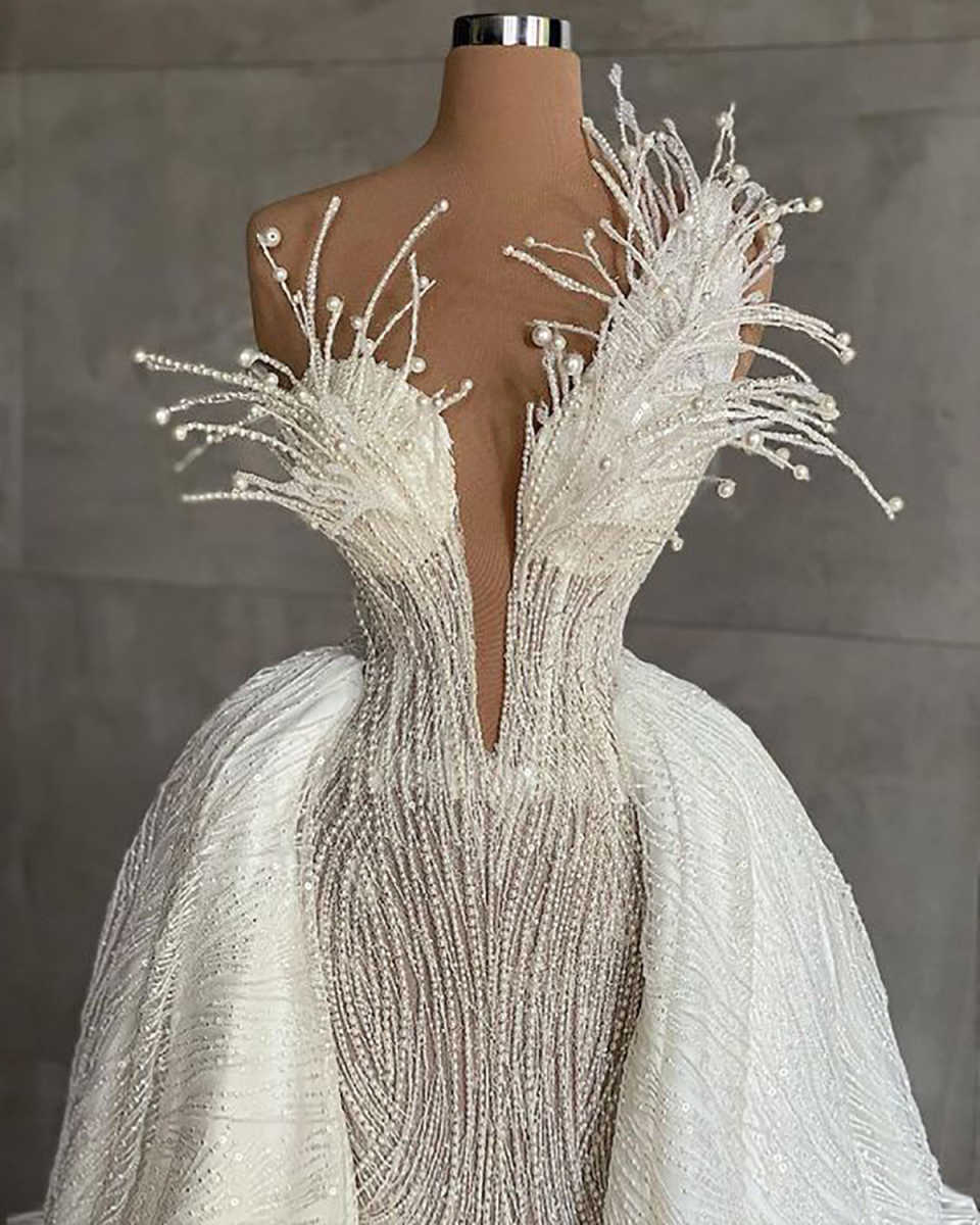 Gorgeous Mermaid Wedding Dresses For Women Sweetheart Neck Sleeveless Bridal Gown Pearls Detachable Train Customized Dress vestidos de novia