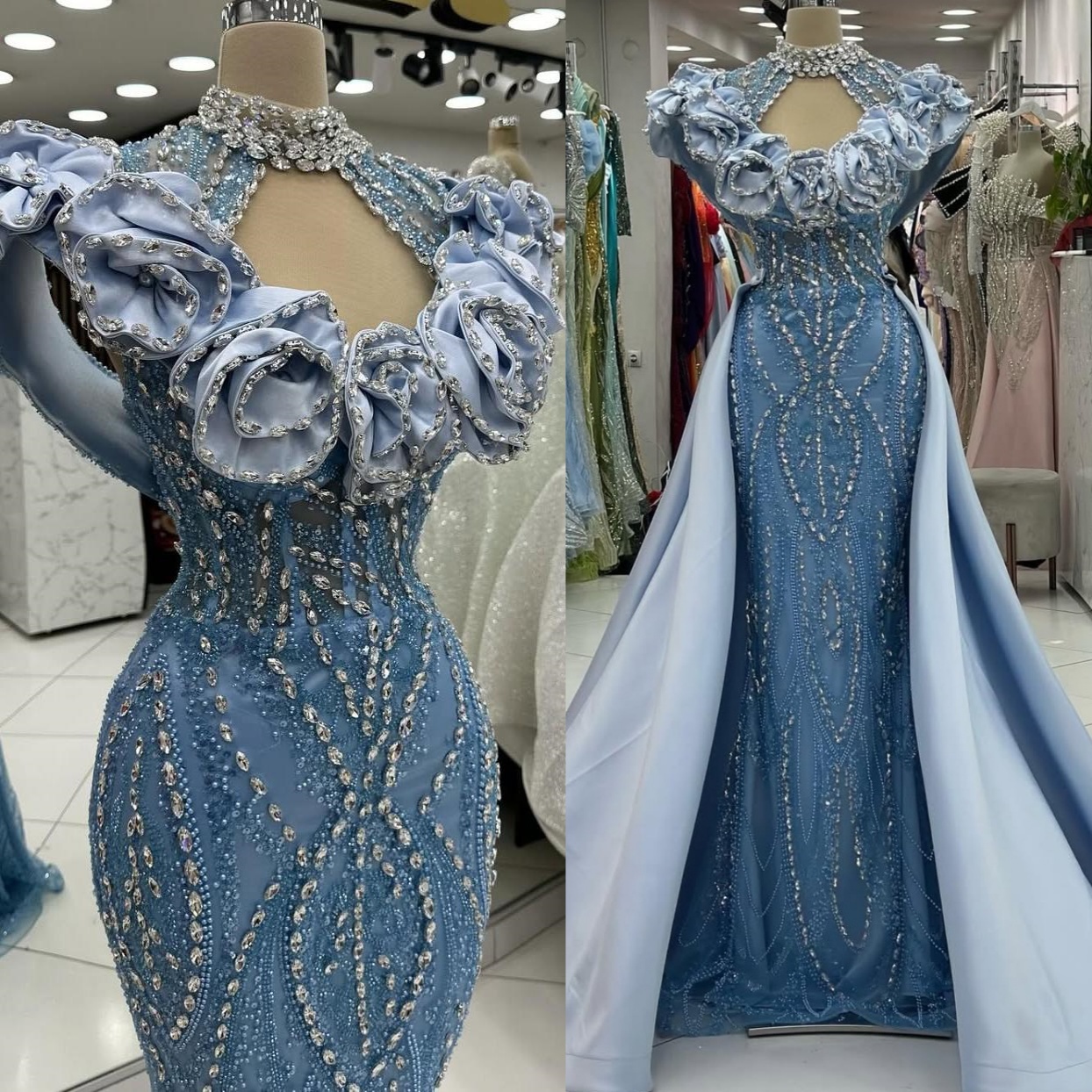 Light Sky Blue Mermaid Prom Dresses 2024 Crystals Flowers Lace Evening Formal Party Second Birthday Engagement Gowns Plus Size Dress For Special Occas