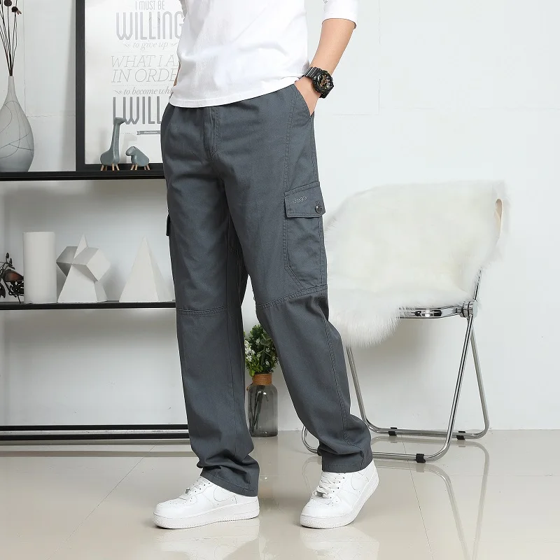 Large Size Men's Cargo Trousers Straight Leg Work Pant Men Loose Fit Cotton Wide Overalls Male Side Multi Pocket Plus Size 6XL Bottom