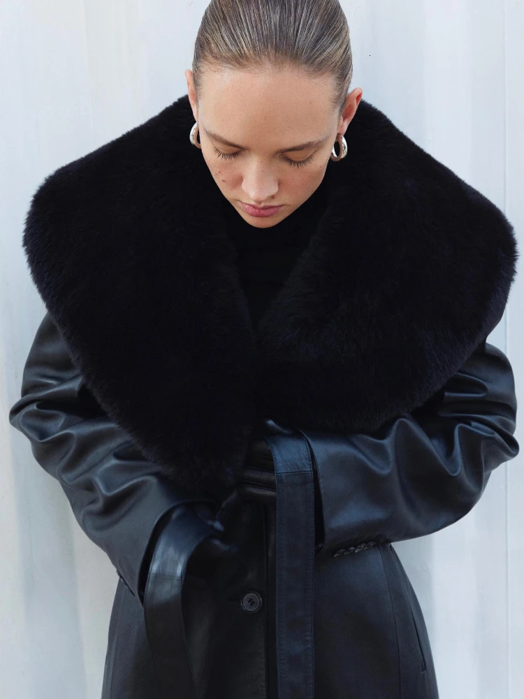 Womens XLong Leather Trench Coats Faux Fur Trim Collar Belted On Waist Slim Sheep Skin Black Coat Streetwea 241202