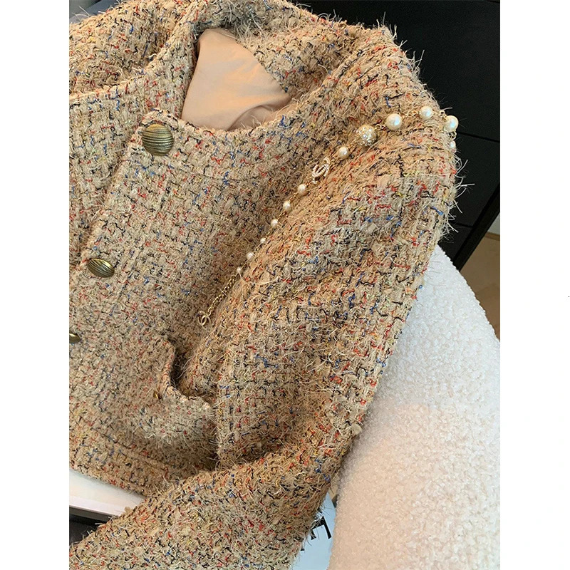 Vintage Tweed Jacket Women Elegant Cropped Coat Korean Long Sleeve Outerwear Fall Winter Ladies Single Breasted Chic Blazer 241202