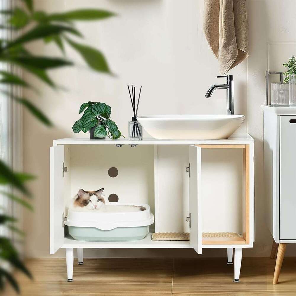 AMZOSS 2 in 1 Vanity Enclosure, Bathroom Litter Box Furniture Hidden with Double Door and Divider, Wooden Cat Washroom Furniture, Traditional Under Si