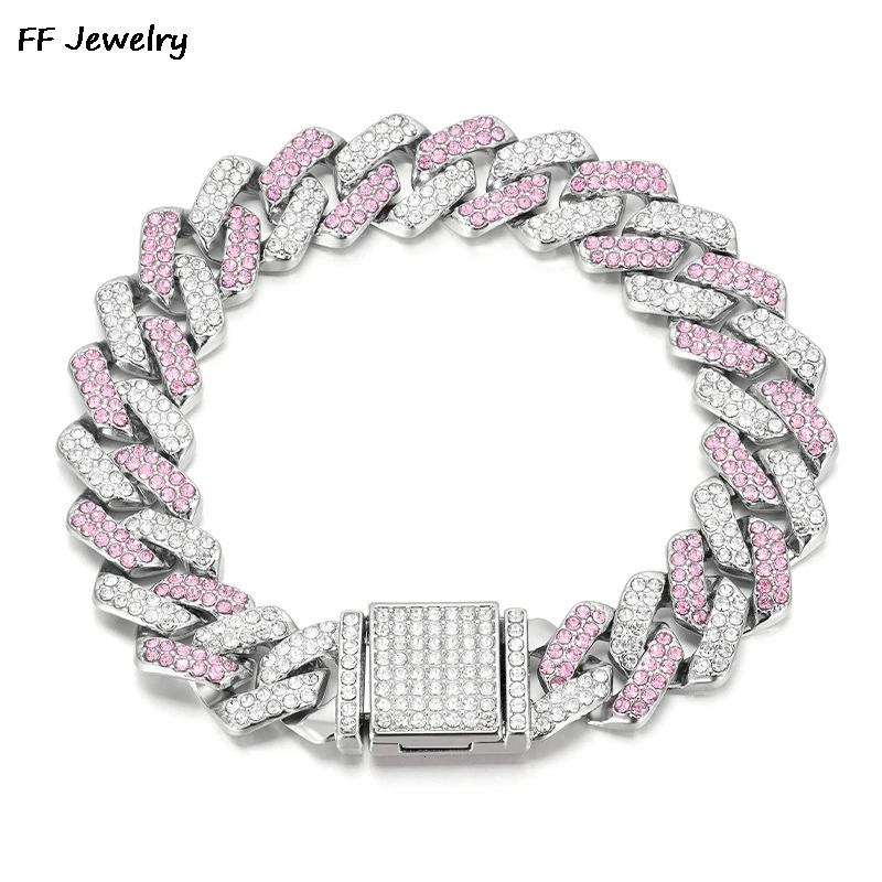 14mmHip Hop Shiny Cuban Link Chain Bracelets Women Men PINK Color Rhinestone Iced Out Chain Bracelets Punk Wristband Jewelry 241203