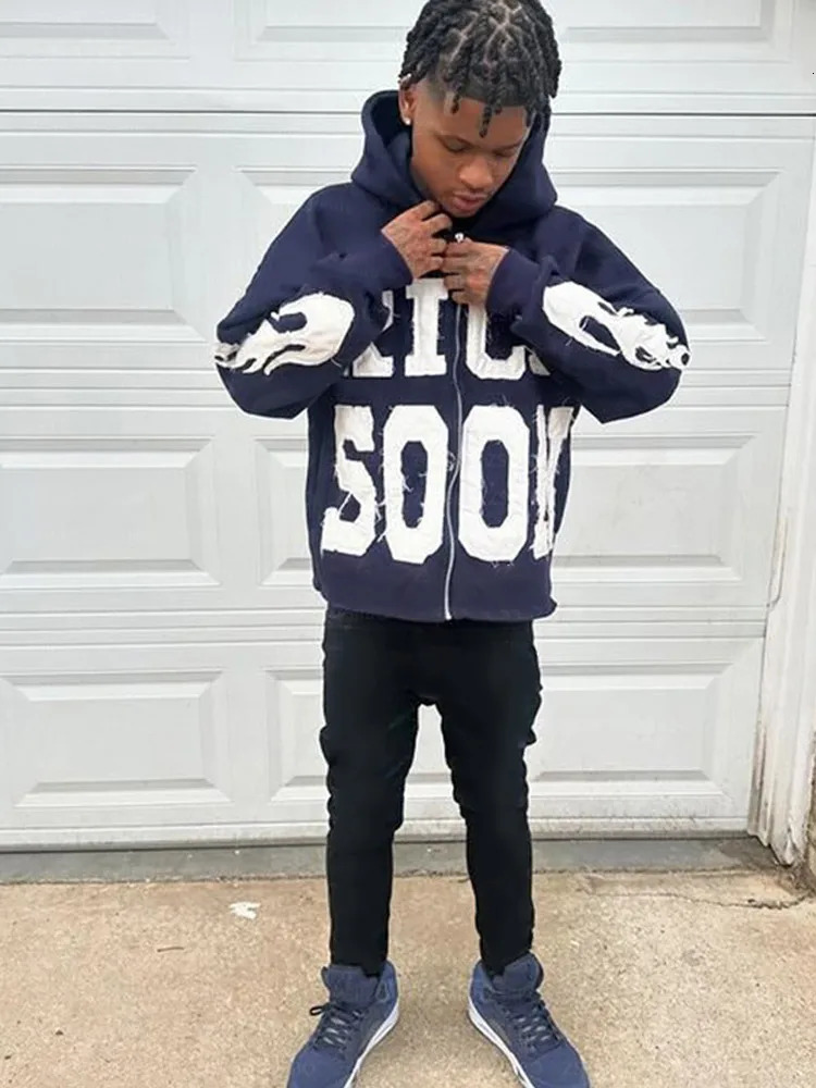 Street Rich Soon Printed Hoodie Male Fashion Y2k Long Sleeve Zipper Hooded Sweatshirt 2024 Autumn Pocket Loose Jacket Coat 241202