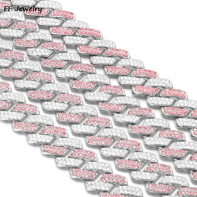 14mmHip Hop Shiny Cuban Link Chain Bracelets Women Men PINK Color Rhinestone Iced Out Chain Bracelets Punk Wristband Jewelry 241203