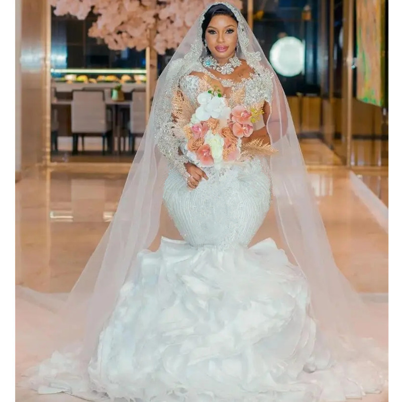 Size Plus White Mermaid Wedding Dresses With Detachable Train Gillter Long Sleeve Beaded Crystals Arabic Aso Ebi Bridal Gowns Robe De Mariee