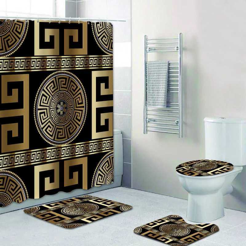 3D Luxury Black Gold Greek Key Meander Baroque Bathroom Curtain Shower Curtain Set Modern Geely Bathroom Carpet Decoration Y241203