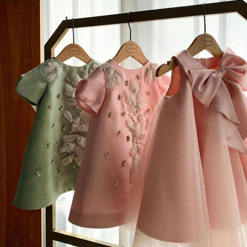 Formal Christening Dress for Baby Girls Kid Pink Green Ball Gown Evening Birthday Party Dresses Children Elegant Princess 241203