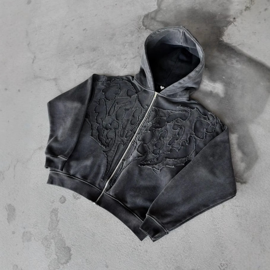 Retro Gothic Ghoul Graphic Embroidery Y2K Hoodie Mens Hip Hop Fashion Zipper Hoodie Autumn Street Costume Halloween Sweater 241105