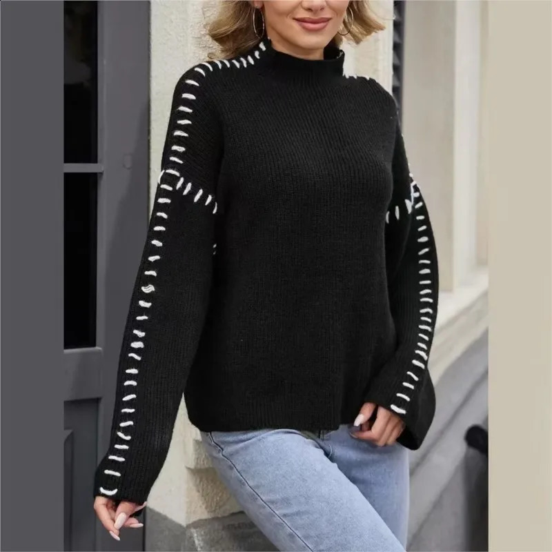 Autumn Womens Elegant O-neck Black and White Contrast Knitted Sweater Long Sleeve Polov Winter Patch Work Womens Coat 241202