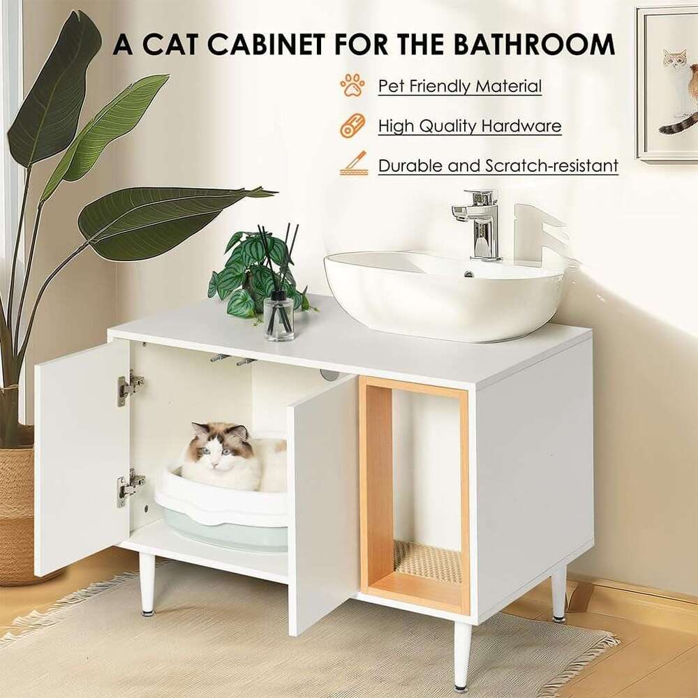AMZOSS 2 in 1 Vanity Enclosure, Bathroom Litter Box Furniture Hidden with Double Door and Divider, Wooden Cat Washroom Furniture, Traditional Under Si