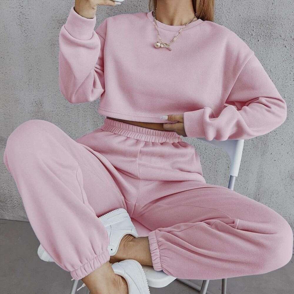 Autumn winter solid color round neck pullover pants, casual and fashionable long sleeved hoodie set, waffle new style