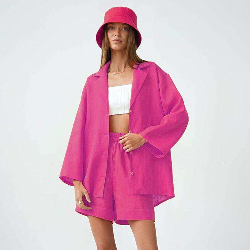 Cotton and linen shorts set, women's loose collared single breasted shirt+high waisted straight leg pants fashion set