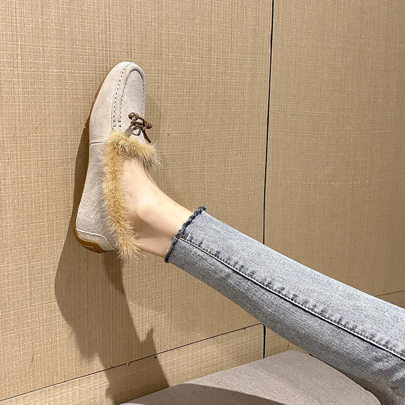 Classic Bowtie Mocasines Woman Mink Fur Flats Genuine Leather Shoes Ladies Winter Furry Boots Warm Plush Cotton Loafers Femmes 241202