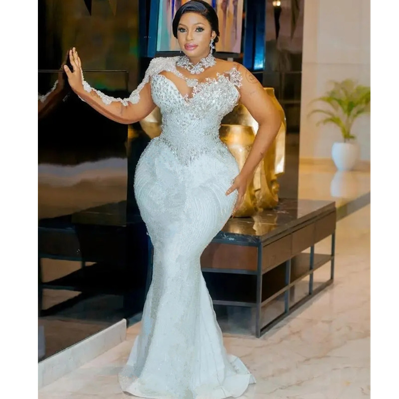 Size Plus White Mermaid Wedding Dresses With Detachable Train Gillter Long Sleeve Beaded Crystals Arabic Aso Ebi Bridal Gowns Robe De Mariee